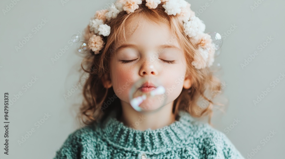 A young girl with closed eyes, wearing a floral headband and a knitted sweater, is blowing a soap bubble that is captured floating near her face. A young girl with closed eyes, wearing a floral headband and a knitted sweater, is blowing a soap bubble that is captured floating near her face.