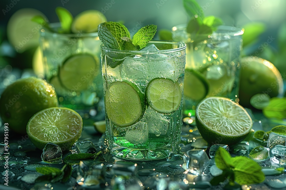 Three glasses of limeade with ice cubes and lime wedges Three glasses of limeade with ice cubes and lime wedges
