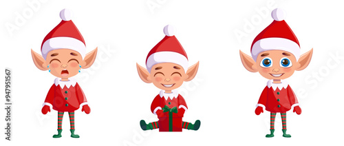 A set of Christmas elves. Santa's assistant. A set of cute characters with gifts in a Santa hat. A festive elf highlighted on a white background.