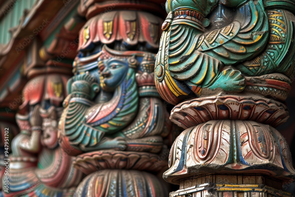 Obraz premium Ancient Hindu Temple Architecture: Closeup of Colorful Bas-Relief Column Decorations in Meenakshi