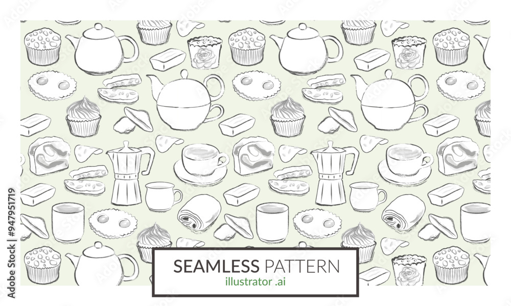 Motif répétitif composé de dessins à la main vintage sur le thème salon de thé, théière et machine à café, madeleines et pain au chocolat, gourmandises sucrées et viennoiseries de la boulangerie