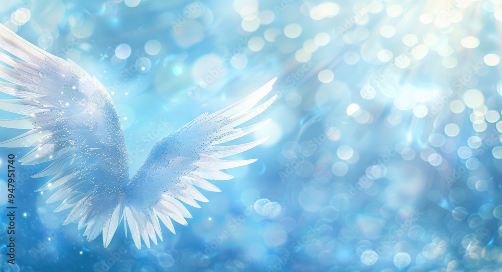 Angel Wings. Blue Bokeh Banner with Angelic Wings and Bright Light for Healing and Peace Angel Wings. Blue Bokeh Banner with Angelic Wings and Bright Light for Healing and Peace