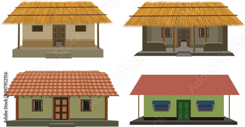 Cuadro en lienzo Vector house collection - Set of village hut designs in front view