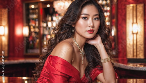 An elegant asian woman in a vibrant red dress stands confidently at a luxurious bar, surrounded by glimmering decor. She savors a cocktail while exuding charm and sophistication