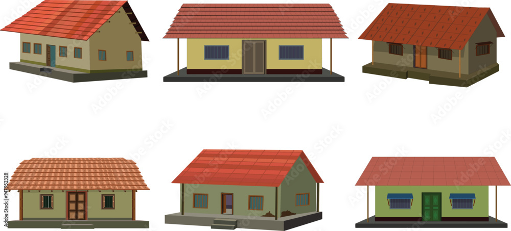 A collection of village houses with red tile roof. mud wall hut set. clay house isolated on white background A collection of village houses with red tile roof. mud wall hut set. clay house isolated on white background