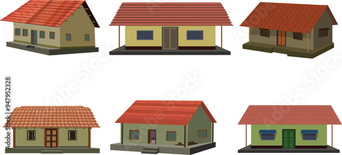A collection of village houses with red tile roof. mud wall hut set. clay house isolated on white background