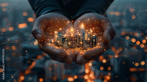 Urban Connectivity Hands Embracing a Glowing Cityscape Symbolizing the Power of Social Networking in Modern Metropolises