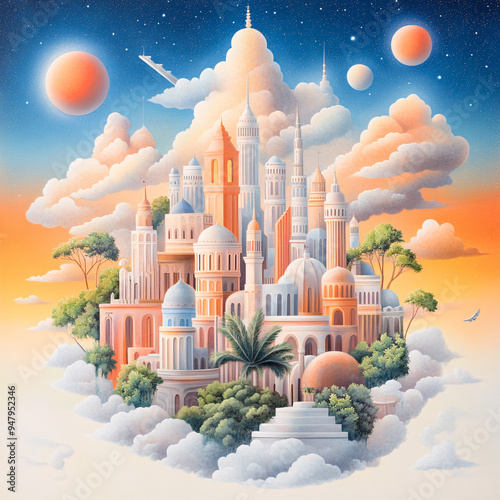 A painting of a city with a castle and a plane flying over it. The painting is full of clouds and the sky is orange