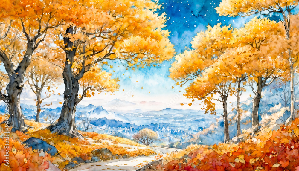 In a tranquil setting, golden-orange autumn trees frame a panoramic view of a peaceful valley. A starry sky adds magic to the twilight scene, enhancing the beauty of the season.watercolor painting In a tranquil setting, golden-orange autumn trees frame a panoramic view of a peaceful valley. A starry sky adds magic to the twilight scene, enhancing the beauty of the season.watercolor painting