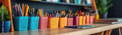 Desktop organizer with slots filled with office supplies, keeping the desk neat photo