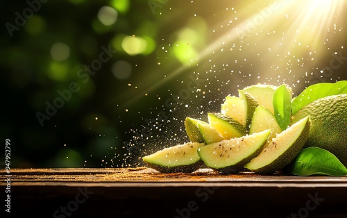 Slices of exotic cherimoya fruit with unique crosssections, laid out on a rustic wooden table with a Mediterranean backdrop photo