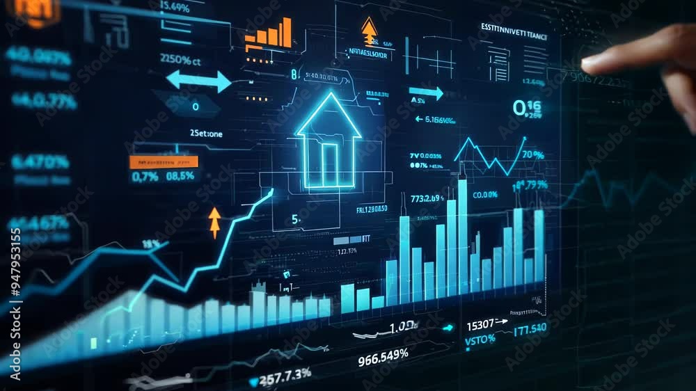Hand interacts with holographic real estate data visualization. Glowing house icon and rising arrows amid digital charts in dark environment. 