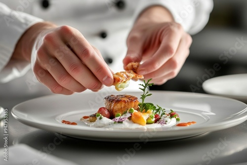 Fototapeta Naklejka Na Ścianę i Meble -  Gourmet chef plating exquisite dish