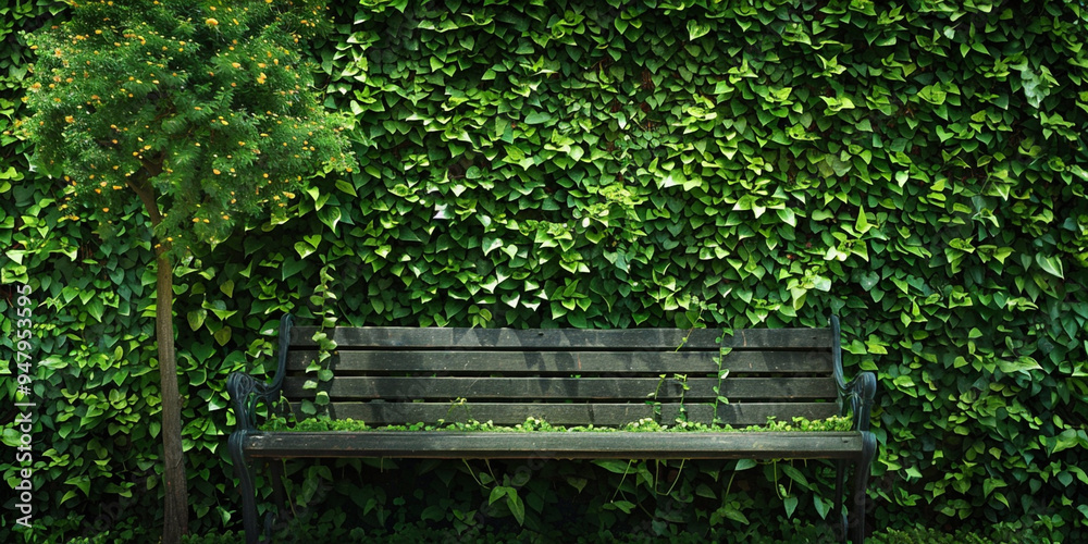 Empty wooden bench against lush green ivy wall in park
Empty wooden bench against lush green ivy wall in park