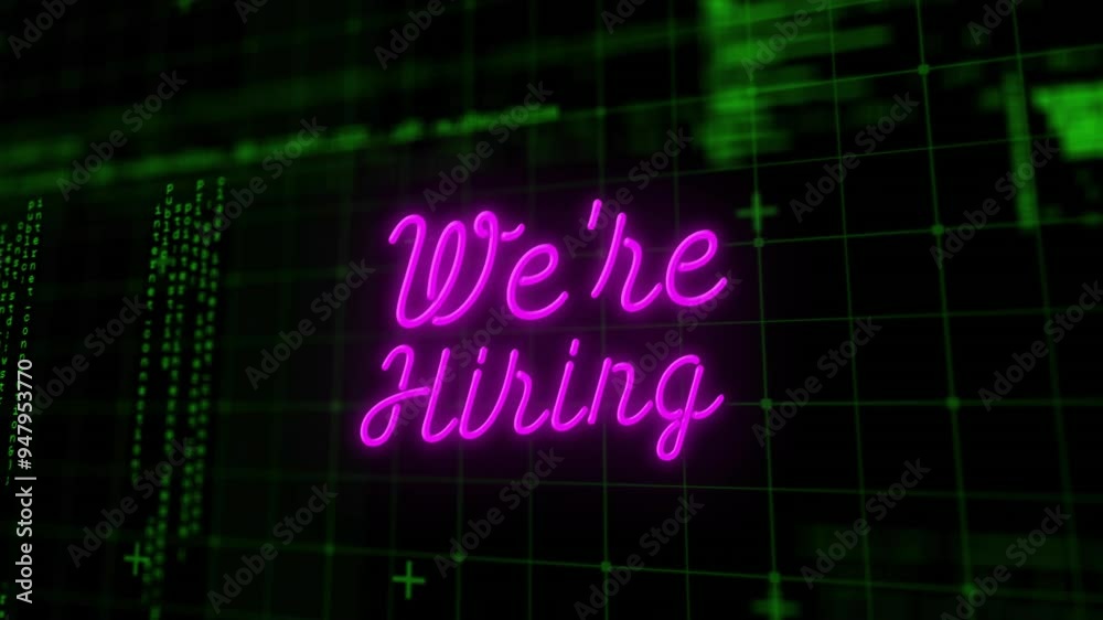 Hiring animation over green digital grid background Hiring animation over green digital grid background