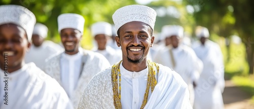 A joyful man in traditional attire smiles warmly, surrounded by a group dressed in white, highlighting cultural celebration and unity.