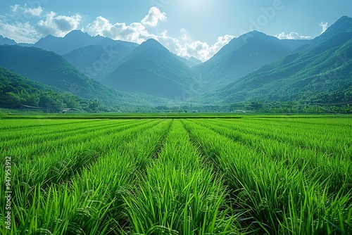 A field of green grass with mountains in the background