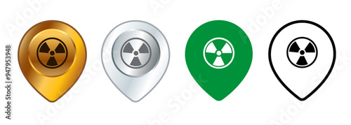 Dangerous radioactive zone location risk warning caution place danger radiation pin map design set collection icons