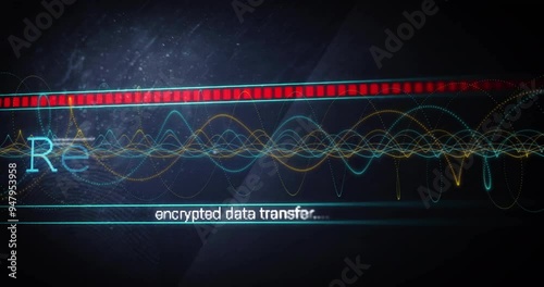 Colorful waveforms and text animating encrypted data transfer