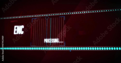 Processing data animation with ENC text over dark red background photo