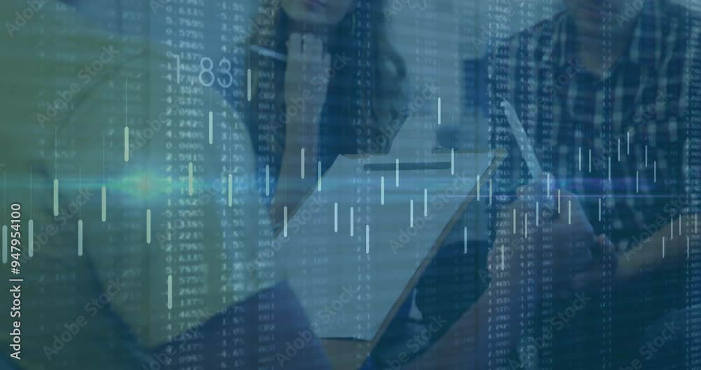 Analyzing financial data, business people discussing documents with animations Analyzing financial data, business people discussing documents with animations