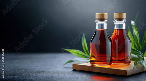 Two glass bottles filled with golden oil, placed on a wooden tray with green leaves, set against a dark, moody background.