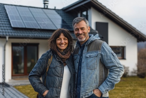 Happy couple in front house