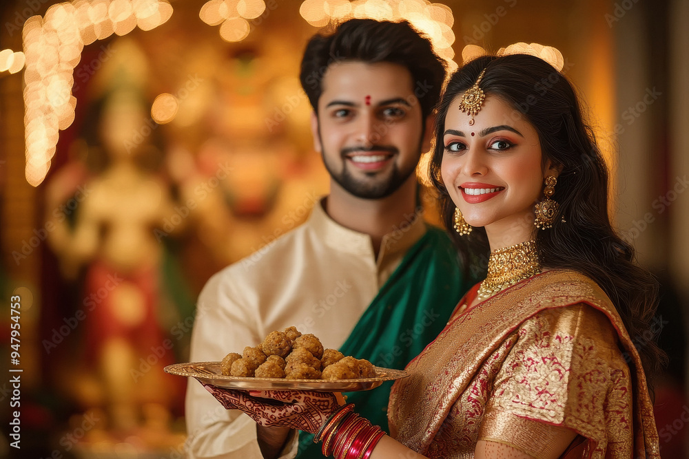 Φωτογραφία Indian couple in traditional attire holding plate with laddu, standing against b