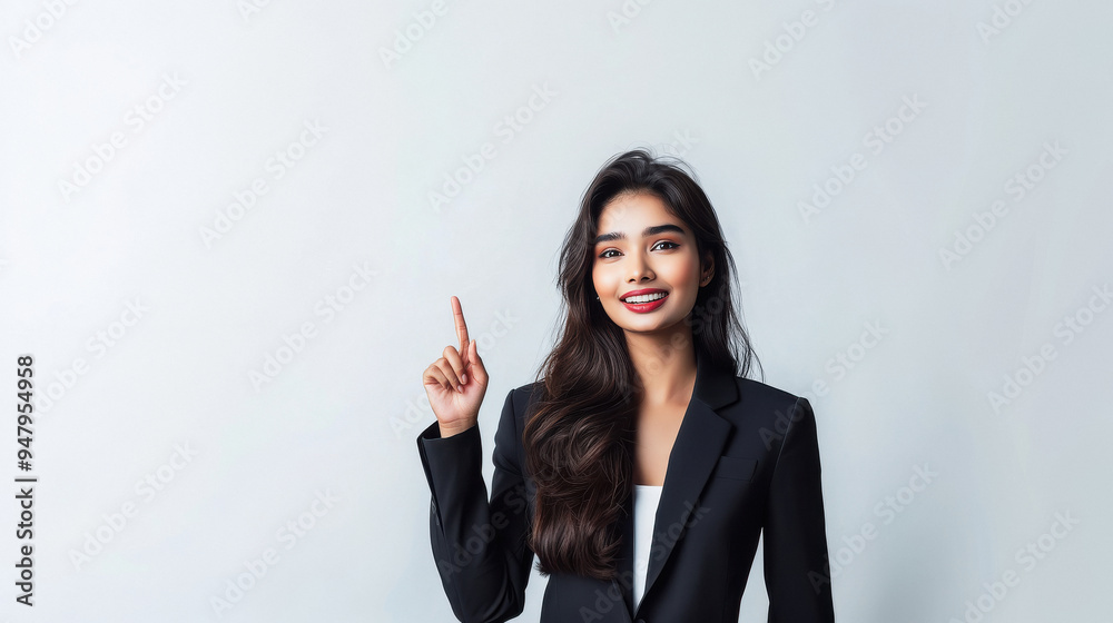 Happy young Asian business woman in blazer pointing finger up isolated on white background. Happy young Asian business woman in blazer pointing finger up isolated on white background.