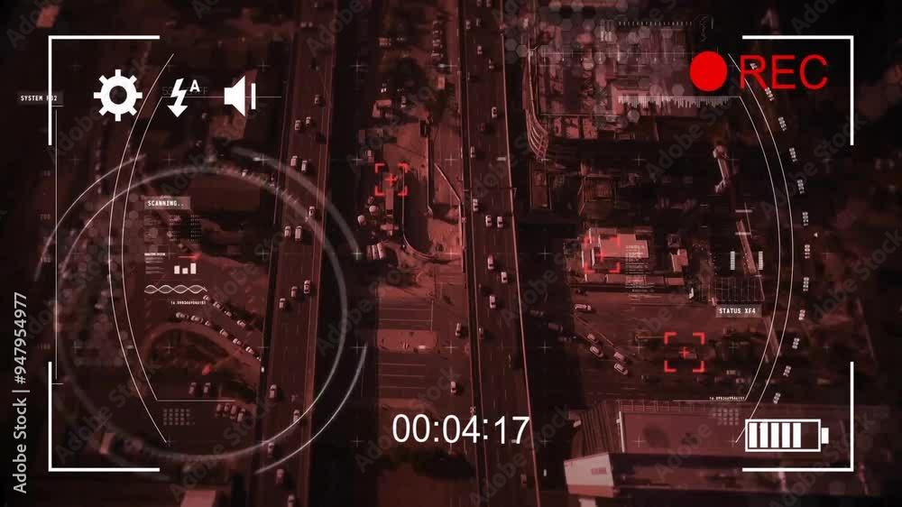 Aerial view of busy highway with data tracking animation over cityscape