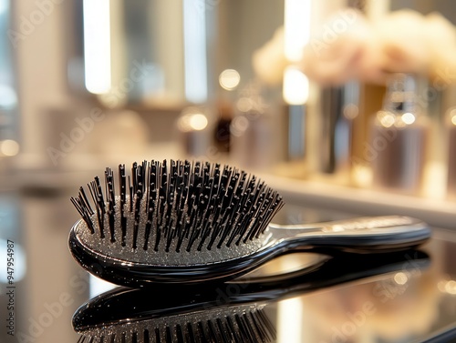 Hairbrush with bristles on a vanity, ready for use