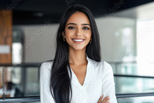 young beautiful businesswoman standing confidently at office