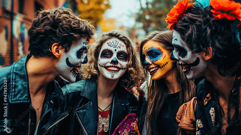 Obraz premium Group of friends celebrating the Day of the Dead in the street