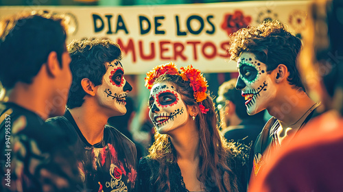 Group of friends celebrating the Day of the Dead in the street photo