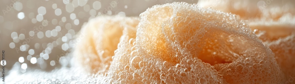 Loofah with handle in a shower, ready to exfoliate Loofah with handle in a shower, ready to exfoliate
