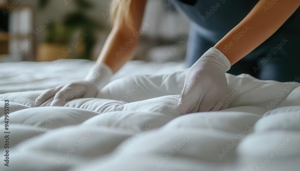 Mattress protector with cover being placed on a bed, with a focus on cleanliness Mattress protector with cover being placed on a bed, with a focus on cleanliness