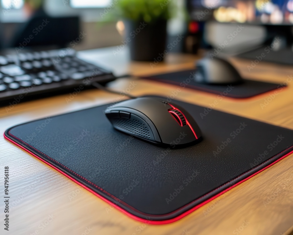 Mouse pad with wrist support on a desk, with a mouse ready for use Mouse pad with wrist support on a desk, with a mouse ready for use