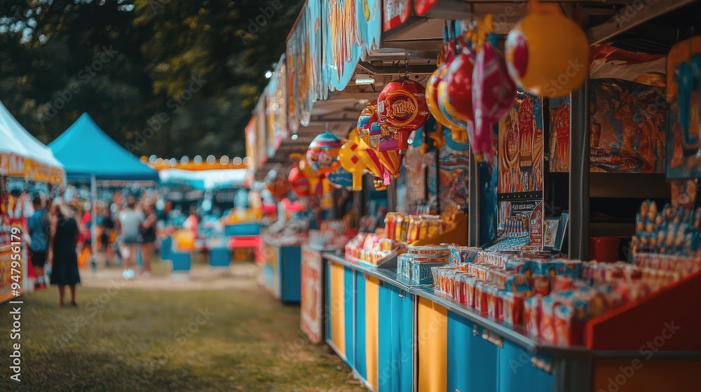 Empty festival games booths with colorful prizes hanging, waiting for participants.