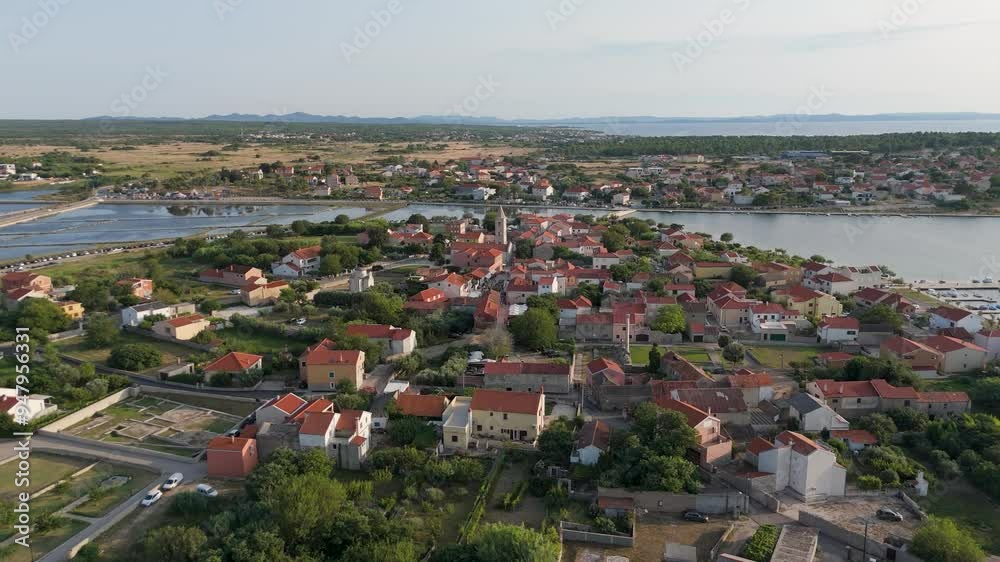 Historic Town of Nin Laguna Aerial View With Velebit Mountain Background, Dalmatia Region of Croatia. Aerial View of Famous Nin Lagoon and Medieval in Croatia Harbour Town With Boats Small Island