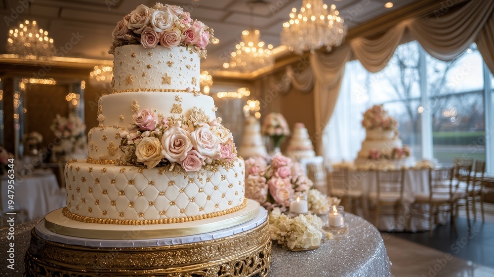 Elegant wedding cake adorned with fresh flowers, set in a beautifully decorated venue with chandeliers and romantic ambiance. Elegant wedding cake adorned with fresh flowers, set in a beautifully decorated venue with chandeliers and romantic ambiance.