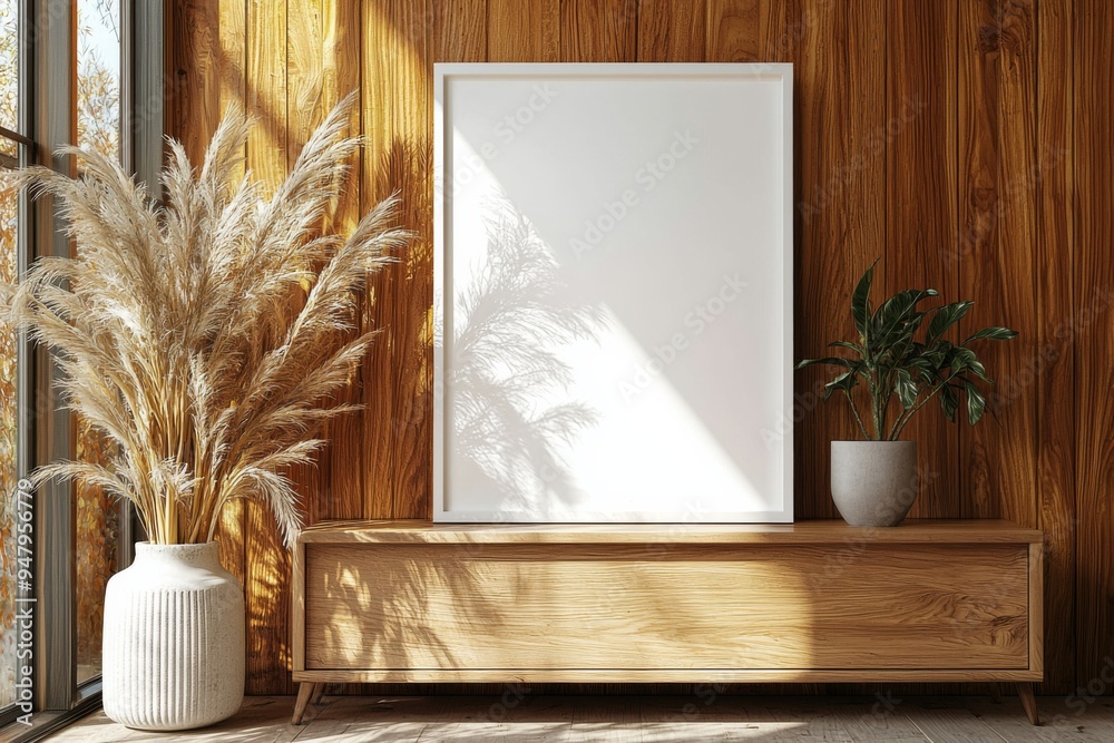 Poster Frame Mockup on Wooden Interior Background created with Generative AI Poster Frame Mockup on Wooden Interior Background created with Generative AI