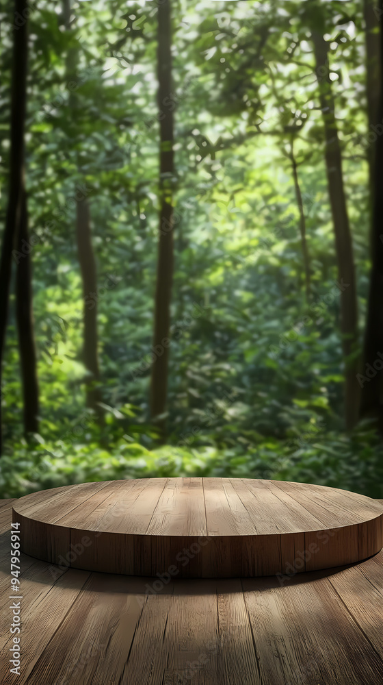 Wooden platform green leaves background Wooden platform green leaves background