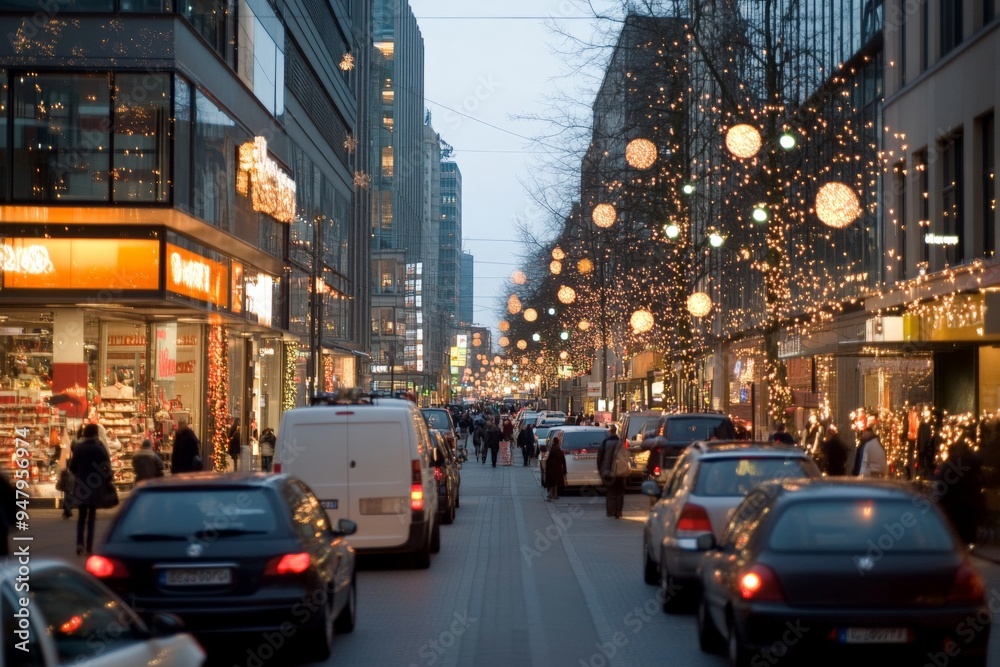Obraz premium Bustling city street in the evening adorned with festive holiday lights, showcasing the holiday spirit amidst moving traffic, tall buildings, and numerous shops.