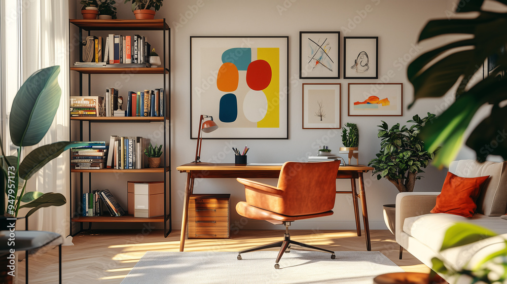 A stylish home office featuring a mix of modern and vintage furniture, vibrant wall art, and colorful accents. A vintage desk paired with a modern ergonomic chair, bookshelves filled with eclectic dec A stylish home office featuring a mix of modern and vintage furniture, vibrant wall art, and colorful accents. A vintage desk paired with a modern ergonomic chair, bookshelves filled with eclectic dec