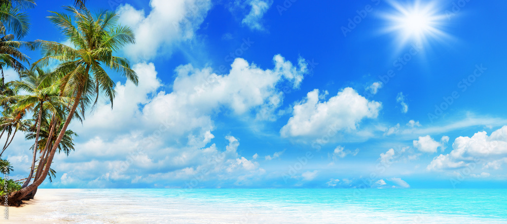 Fototapeta premium Sea beach, paradise tropical island, beautiful nature panorama landscape, turquoise ocean water, coconut palm trees, white sand, summer holidays, vacation, travel banner, Caribbean, Maldives, Thailand