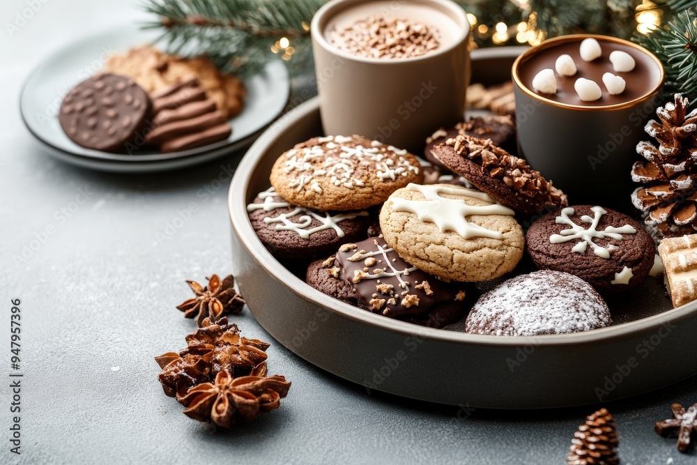 Fototapeta premium A tray filled with assorted Christmas cookies, including chocolate, iced, and spiced varieties, along with mugs of hot cocoa and festive holiday decorations.