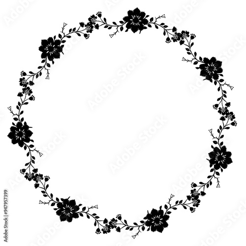 Floral Wreath pattern, Ikat motifs geometric floral, Flower frame vector classical luxury ornament for greeting card, textile, wall art, islamic, Round ornament, black metallic border