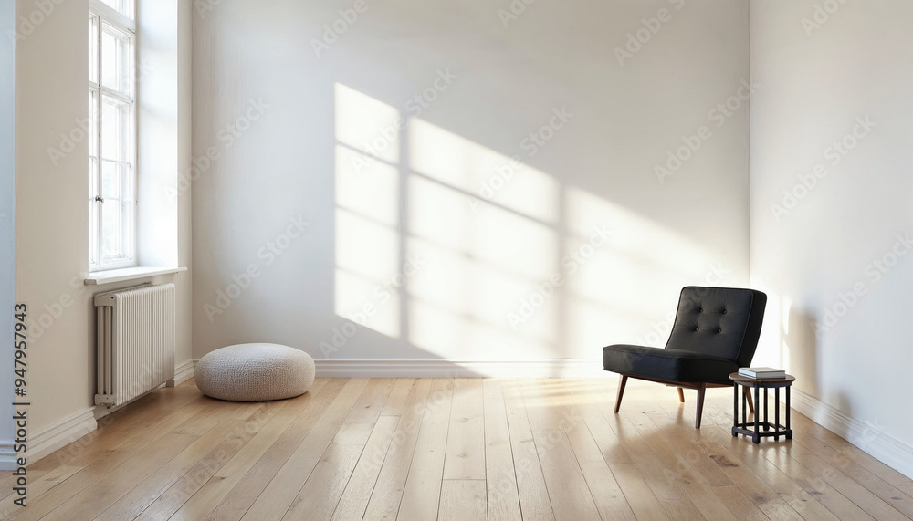 A minimalist interior with a wooden floor, a white wall, and a large window letting in natural light. There is a black piano in the background A minimalist interior with a wooden floor, a white wall, and a large window letting in natural light. There is a black piano in the background