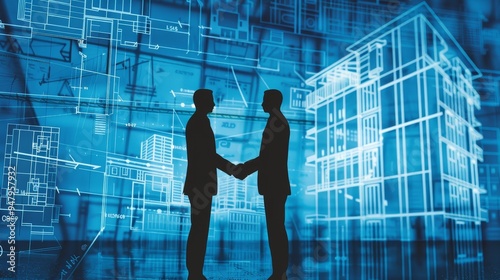 Dynamic Real Estate Collaboration Silhouetted Figures Sealing Deals Amidst Blueprint Backdrop