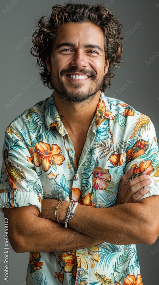 Portrait of a smiling man in a tropical print shirt. Portrait of a smiling man in a tropical print shirt.